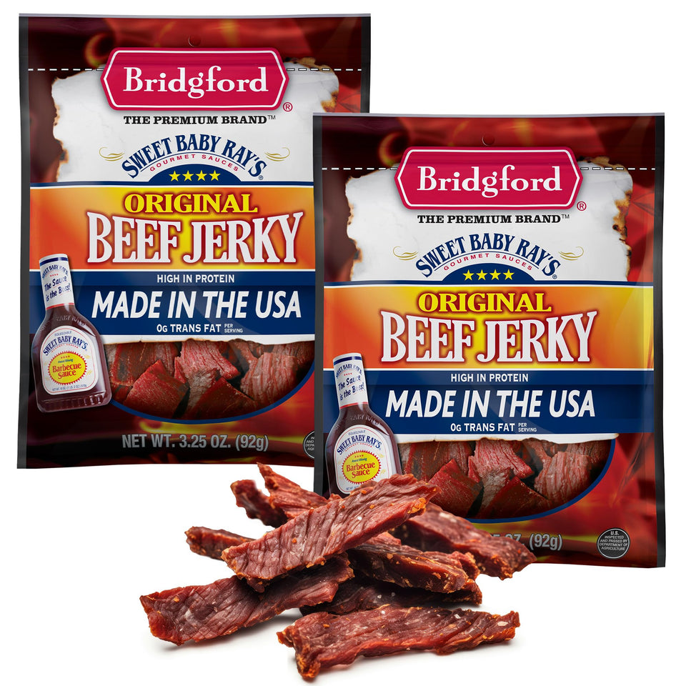 Bridgford Sweet Baby Ray’s Beef Jerky Original front view for a quick protein boost.