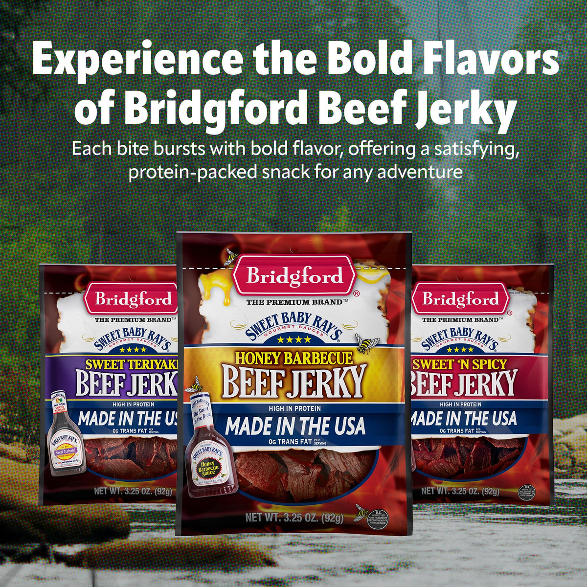 Bridgford Sweet Baby Ray’s Beef Jerky Original nutrition panel highlights protein per serving.
