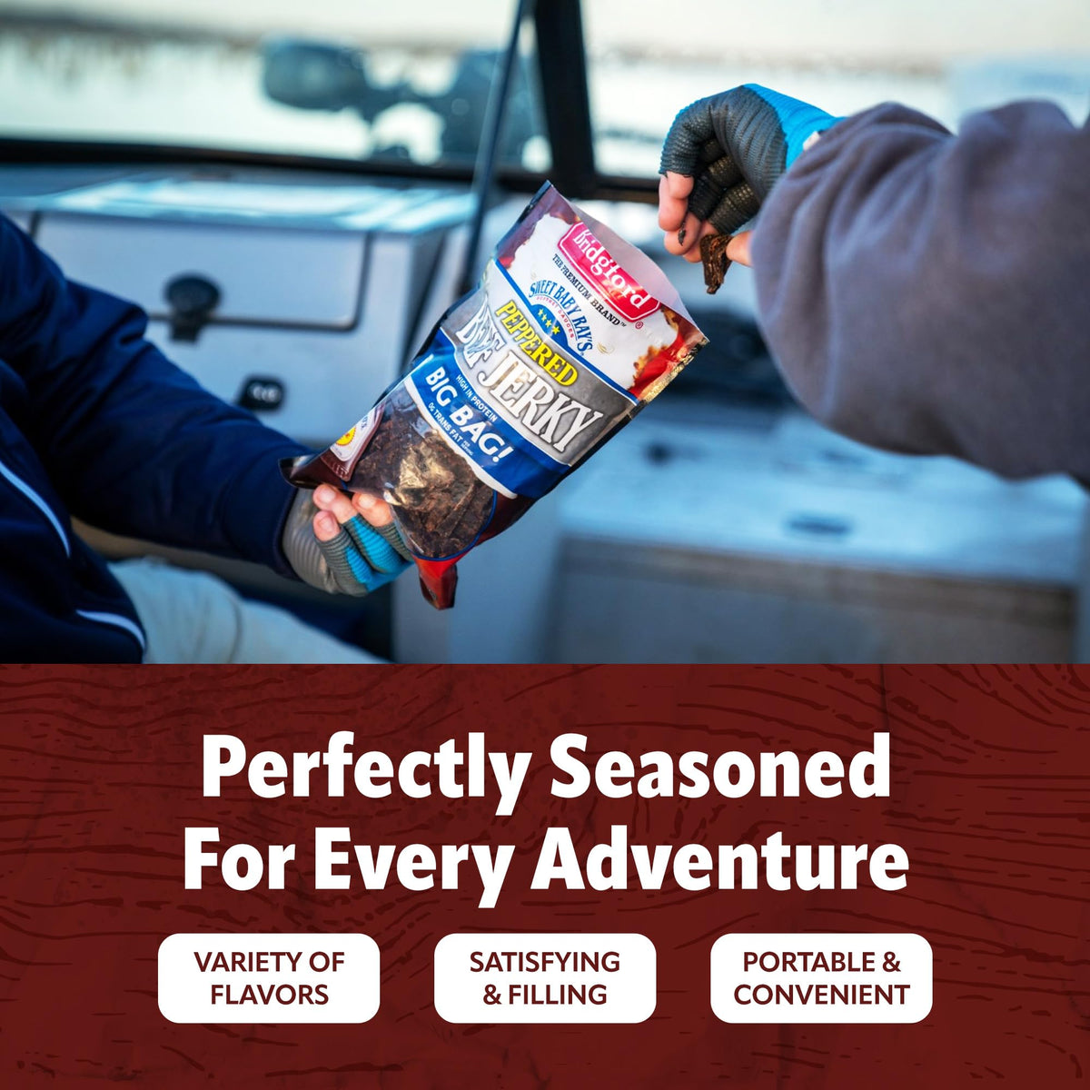 Bridgford Sweet Baby Ray’s Beef Jerky Original on-the-go pack demonstrates portable protein.