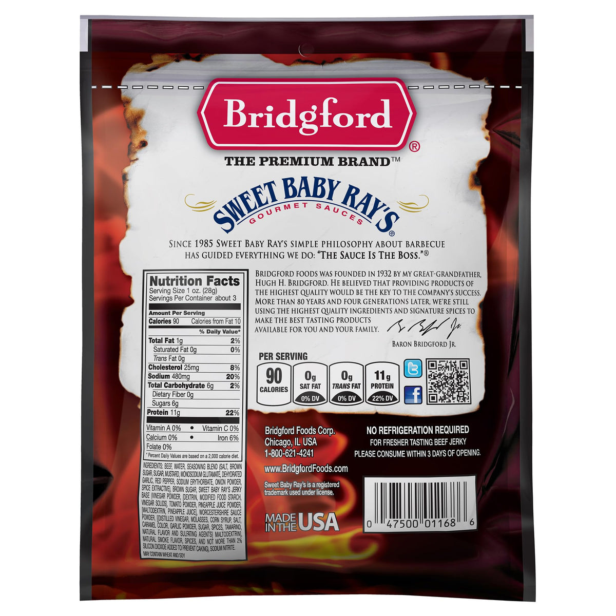 Bridgford Sweet Baby Ray’s Beef Jerky Original texture close-up reveals tender chew and smoky aroma.