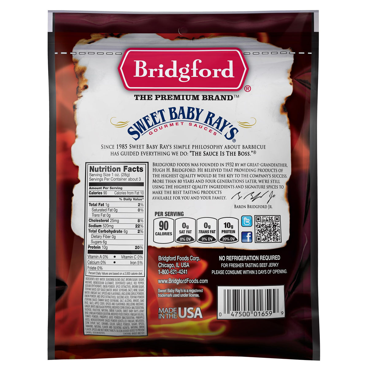 Bridgford jerky on-the-go pack in resealable bag for quick snack.
