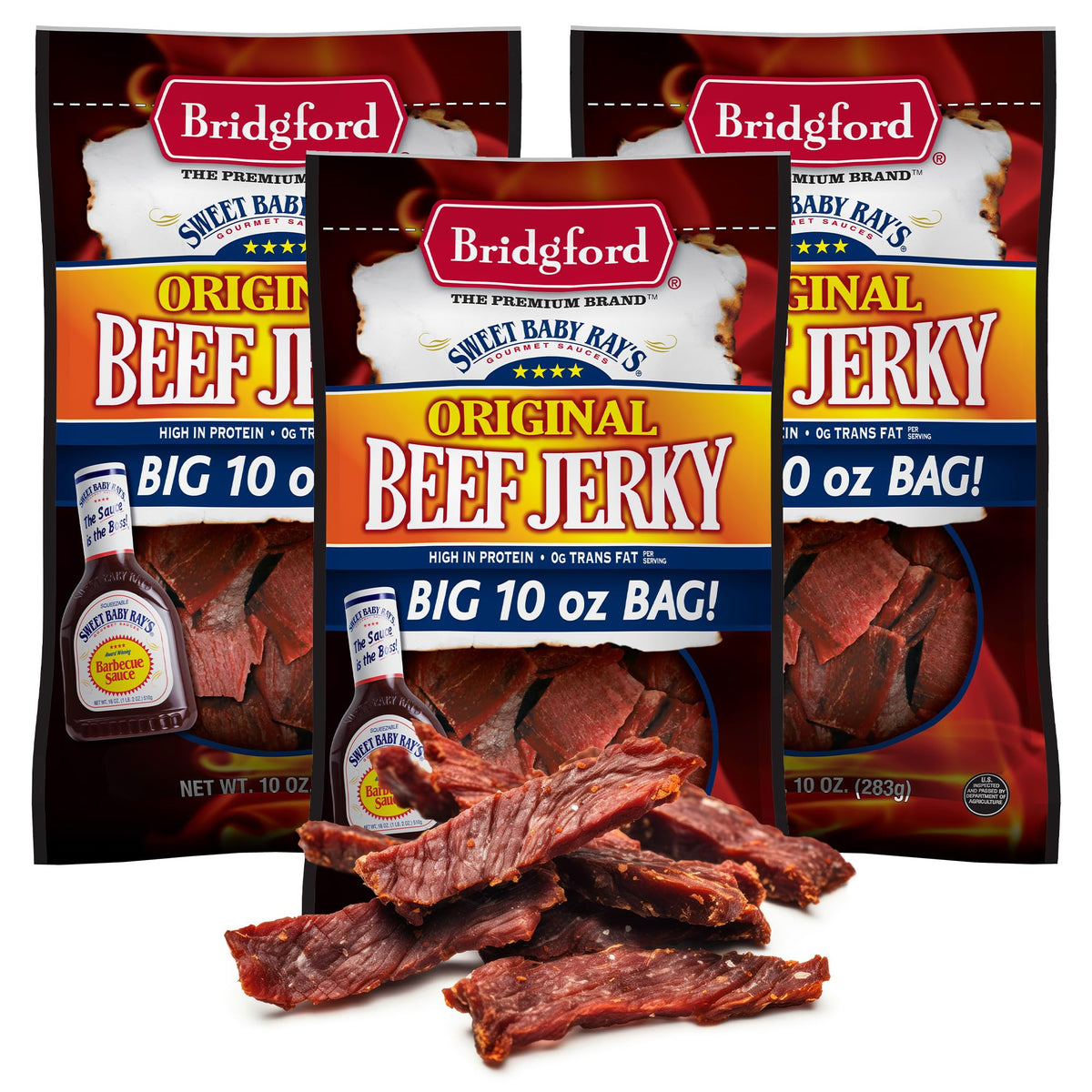 Bridgford Sweet Baby Ray's Beef Jerky Original 3-Pack packshot highlights a convenient ready-to-eat snack.