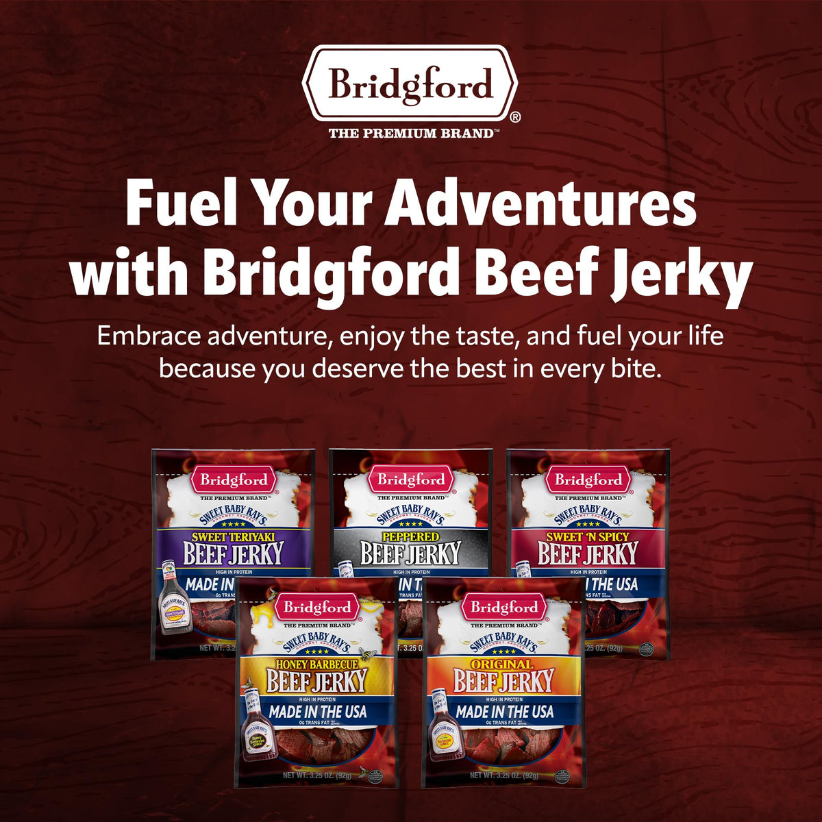Bridgford Sweet Baby Ray's Beef Jerky Original serving portion on plate suggests snack idea.