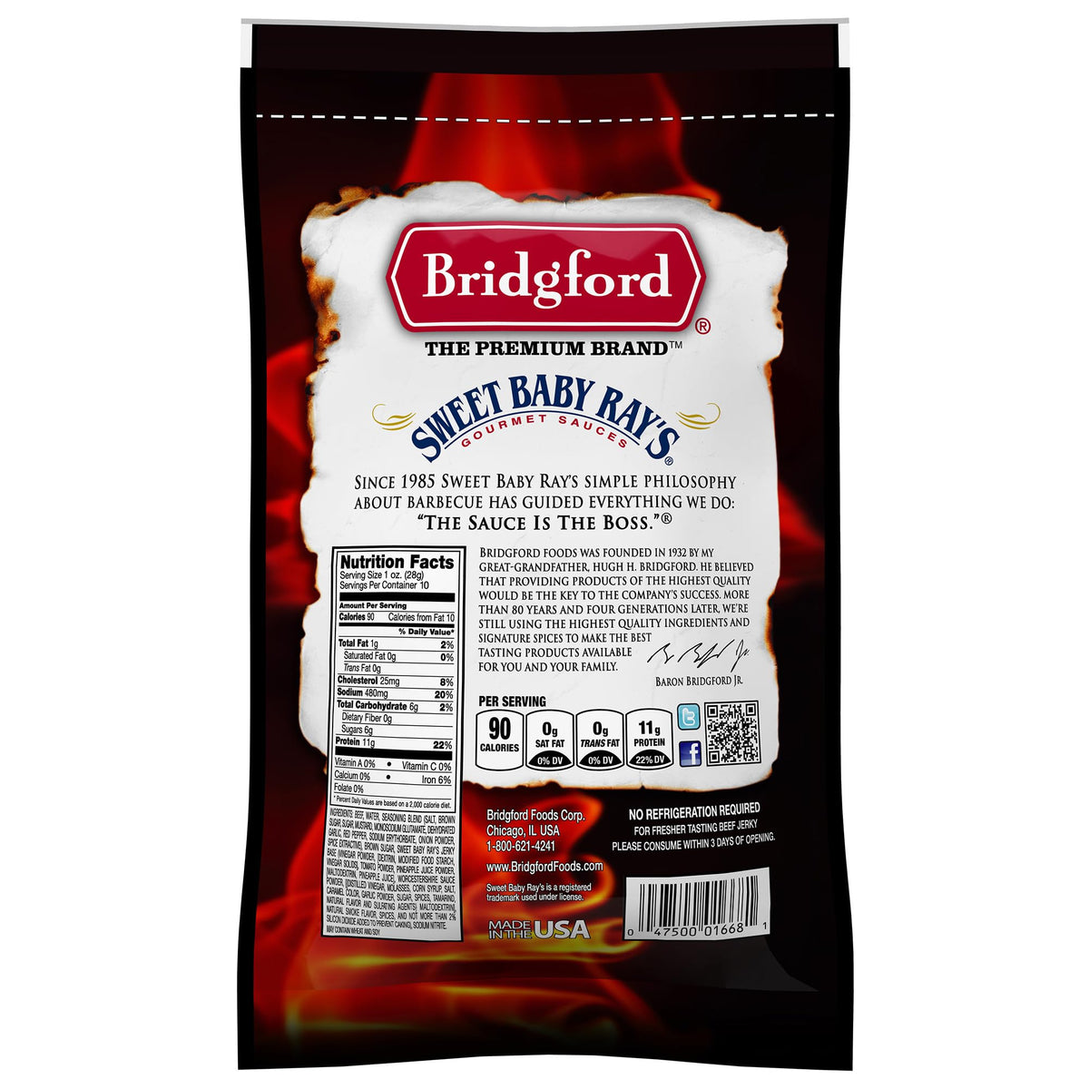 Bridgford Sweet Baby Ray's Beef Jerky Original texture close-up reveals tender chewiness and bold flavor.