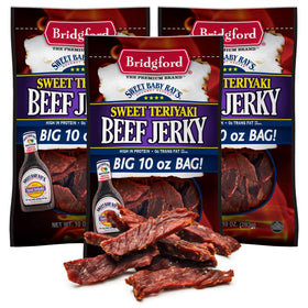 Bridgford Sweet Baby Ray's beef jerky teriyaki 10oz 3-pack for on-the-go snacking.