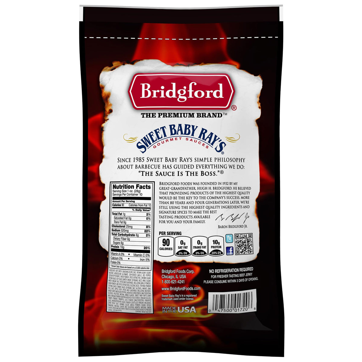Bridgford jerky closeup highlights glossy teriyaki glaze and beef slices.
