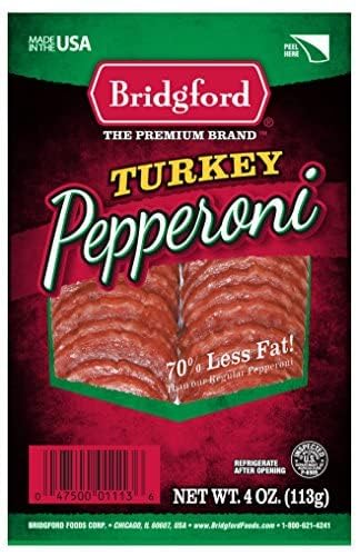 Bridgford turkey pepperoni on pizza, melting and flavorful topping.
