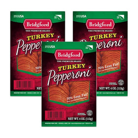 Bridgford turkey pepperoni slices in a 4 oz pack, ready for quick meals.