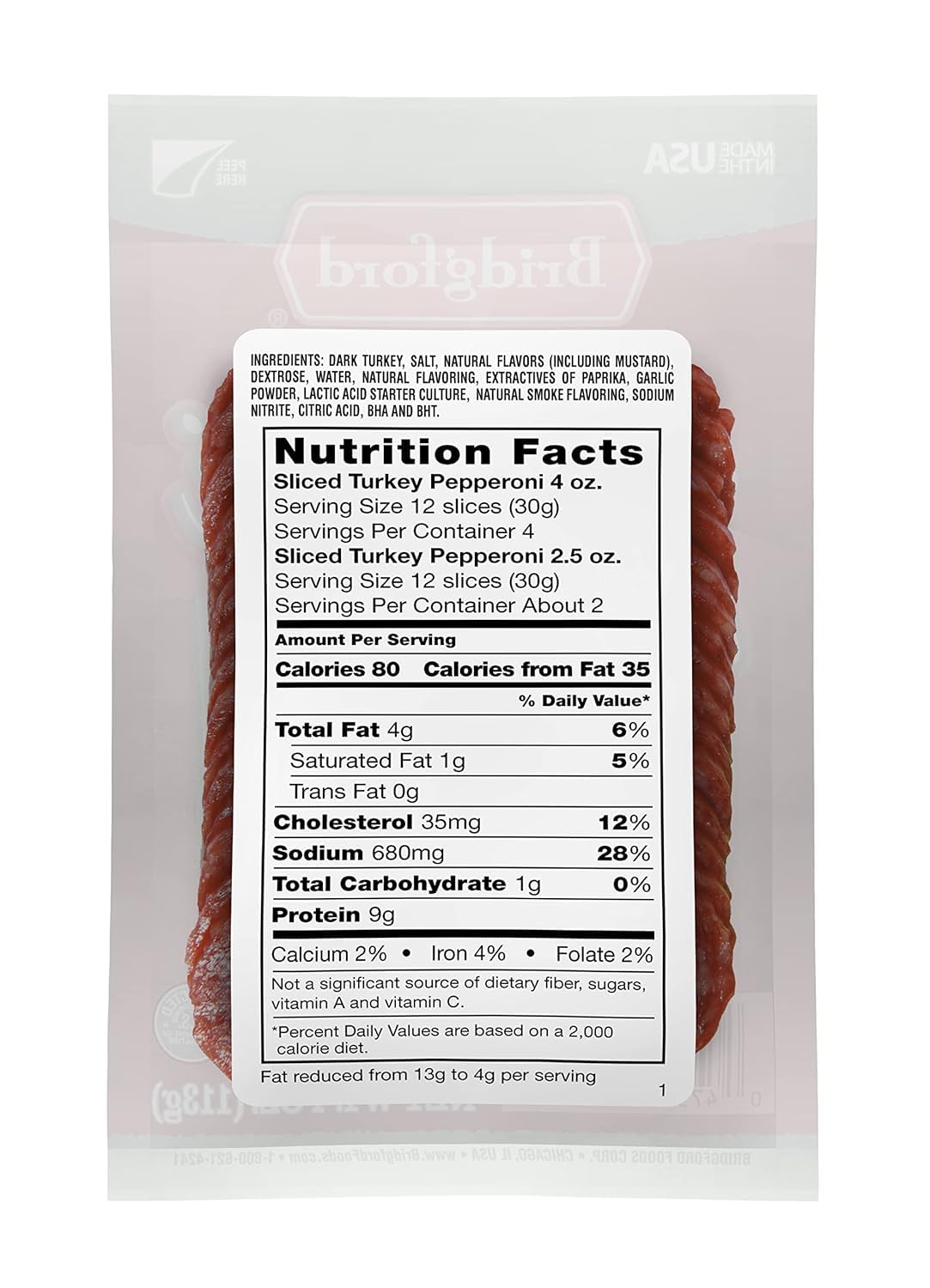 Bridgford turkey pepperoni on a sandwich for a protein boost.