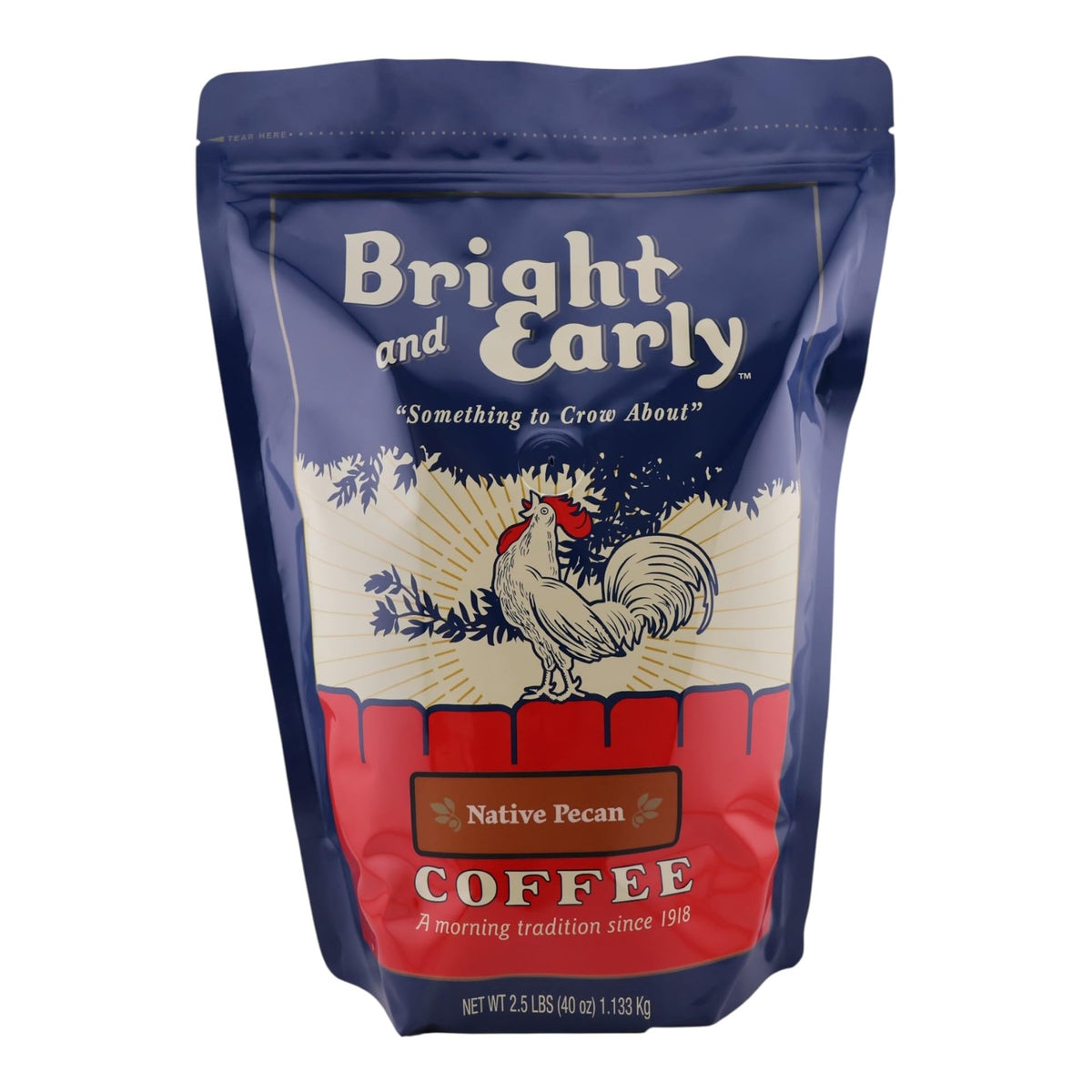 Bright and Early Ground Texas Native Pecan Coffee 2.5 lb bag for home brewing.