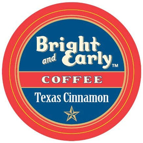 Bright and Early Texas Cinnamon Coffee pods brew with a cinnamon roll aroma for a quick start.