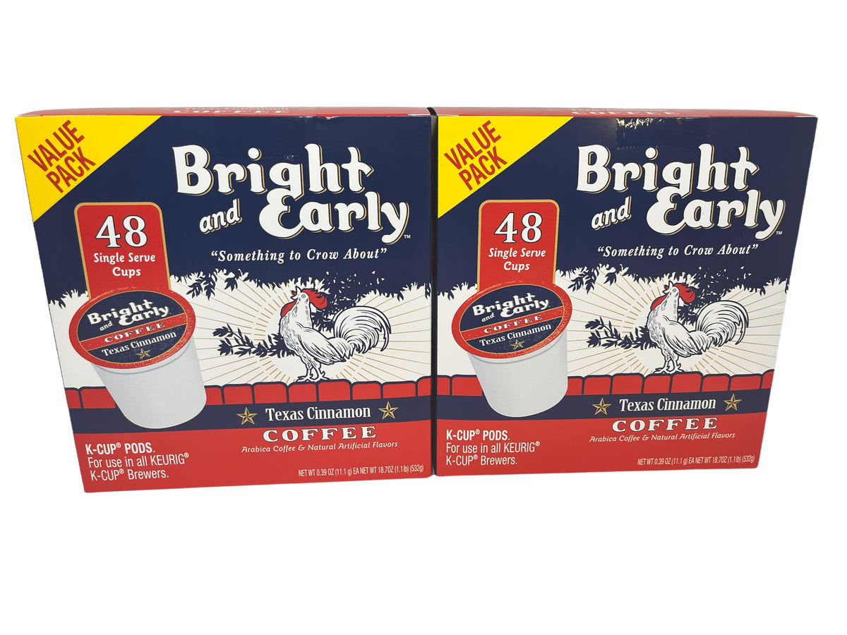 Bright and Early Texas Cinnamon Coffee pods pack 96 cups for busy mornings.