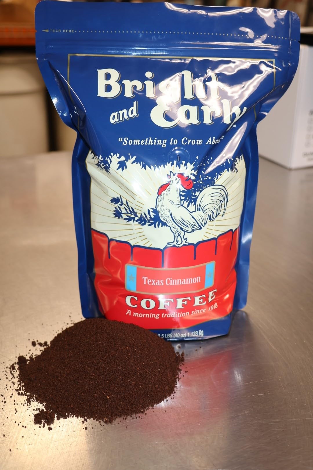 Bright and Early Texas Cinnamon coffee bag back highlights origin notes and brewing suggestions