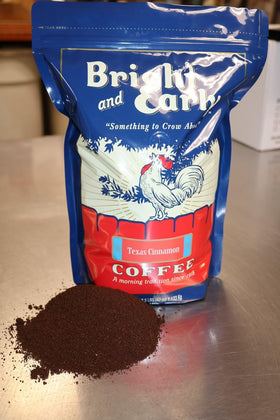Bright and Early Texas Cinnamon coffee bag back highlights origin notes and brewing suggestions