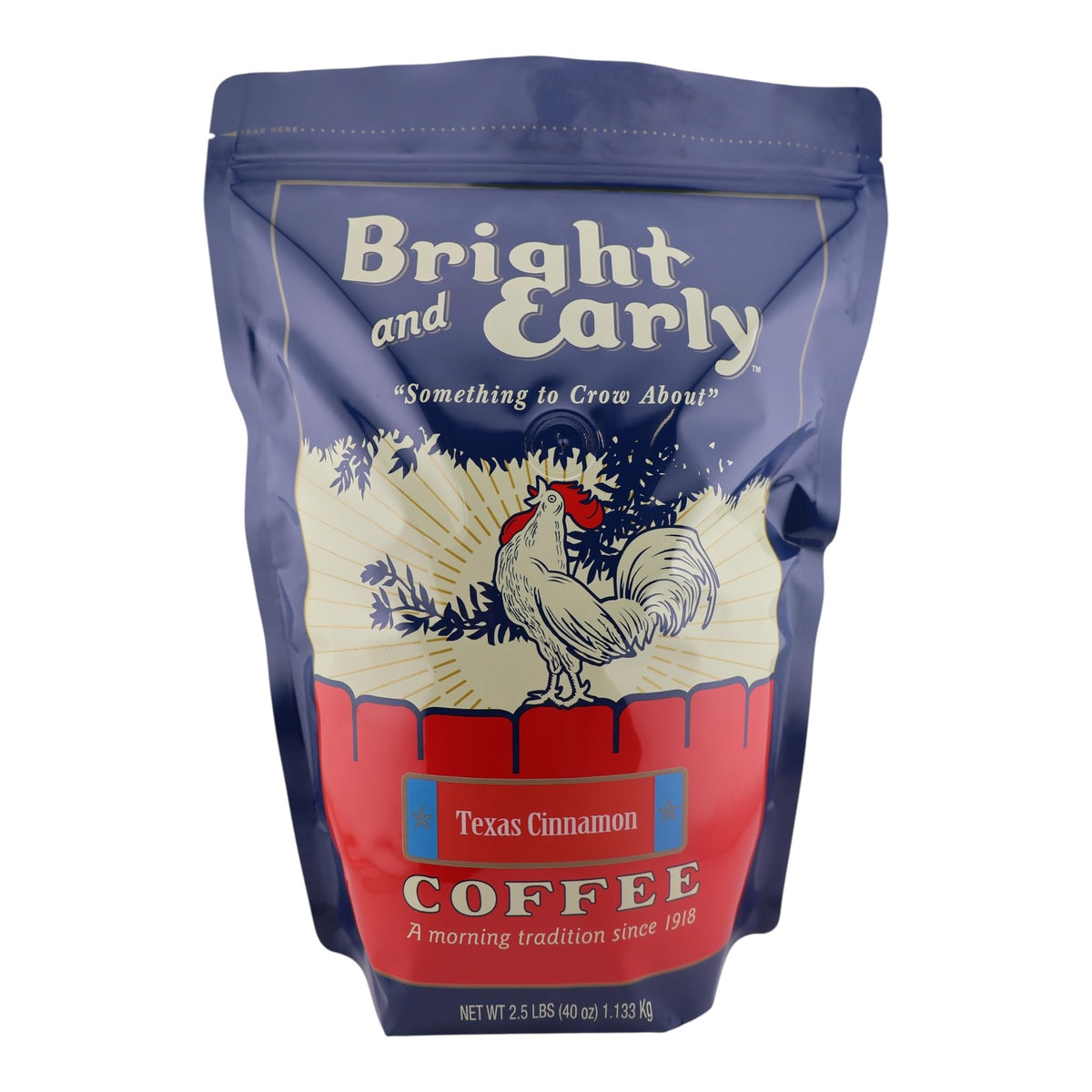 Bright and Early Texas Cinnamon coffee bag front showcases branding and premium ground coffee aroma