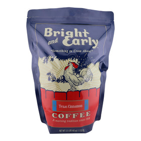 Bright and Early Texas Cinnamon coffee bag front showcases branding and premium ground coffee aroma