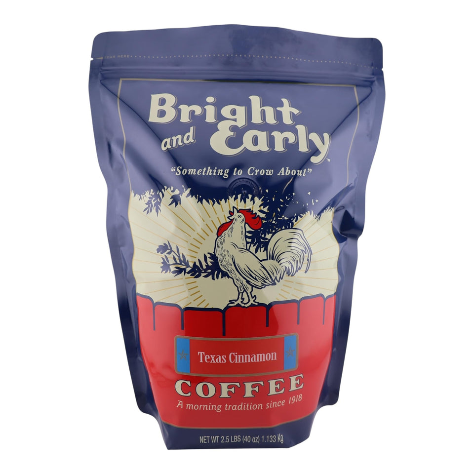 Bright and Early Texas Cinnamon coffee bag front showcases branding and premium ground coffee aroma
