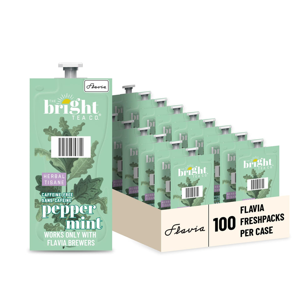 The Bright Tea Co. Peppermint Freshpack box for Flavia brewers, ready to brew