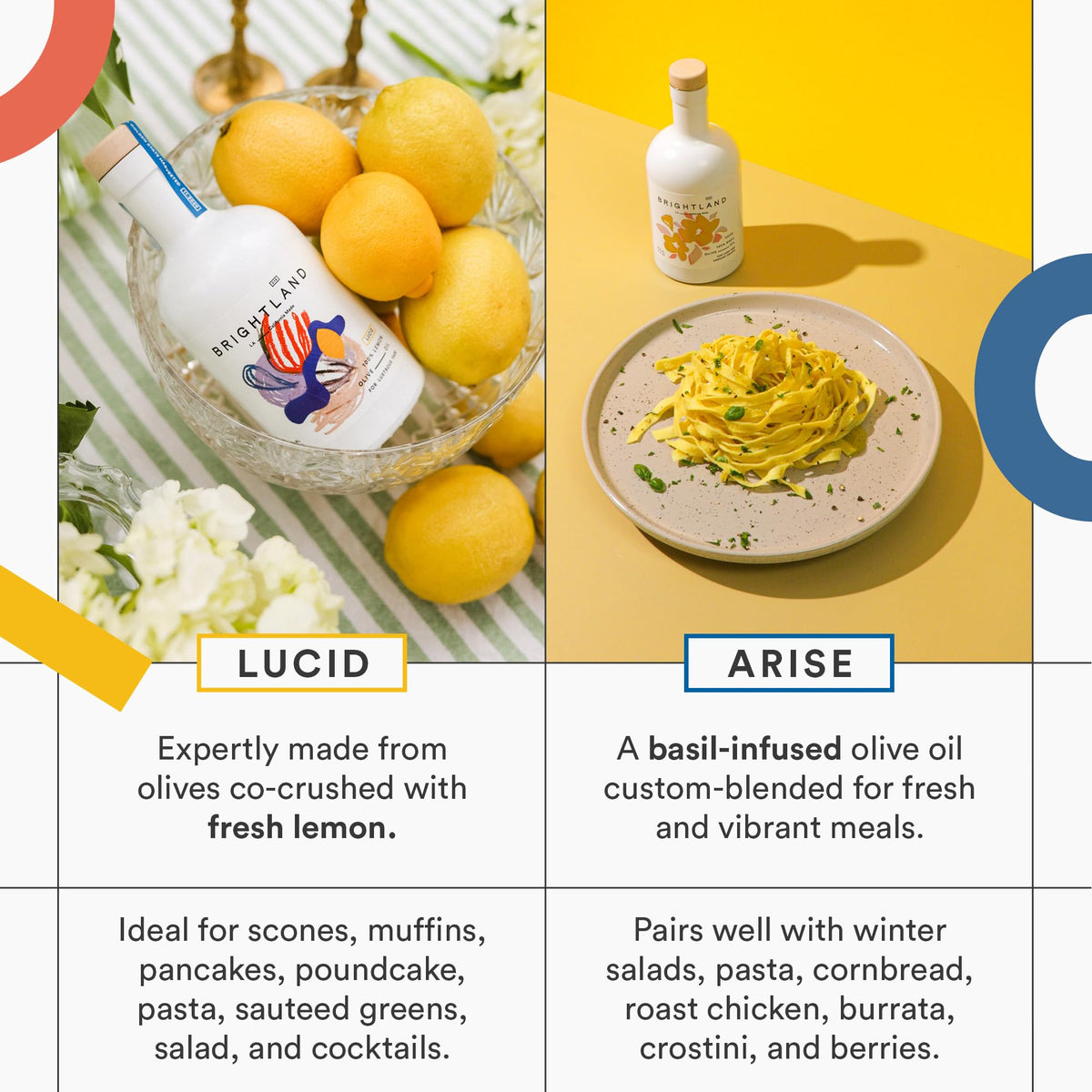 Brightland Arise Basil Olive Oil bottle delivers fresh herb aroma for pasta and salads.
