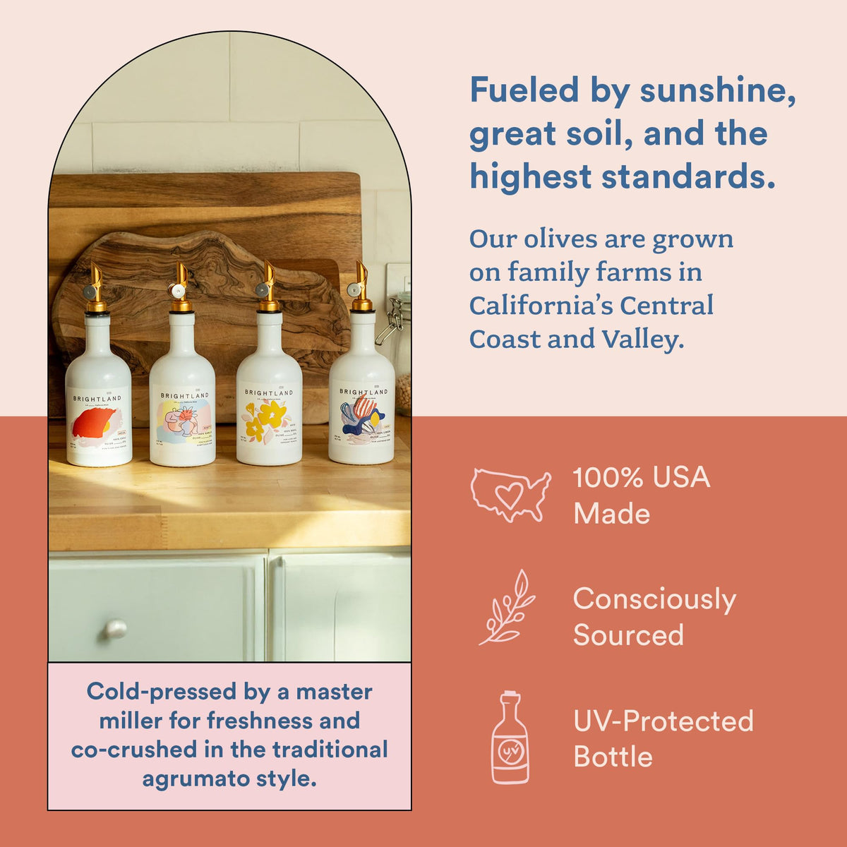 Brightland Artist Capsule packaging in UV glass protecting olive oil from light.