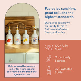 Brightland Artist Capsule packaging in UV glass protecting olive oil from light.