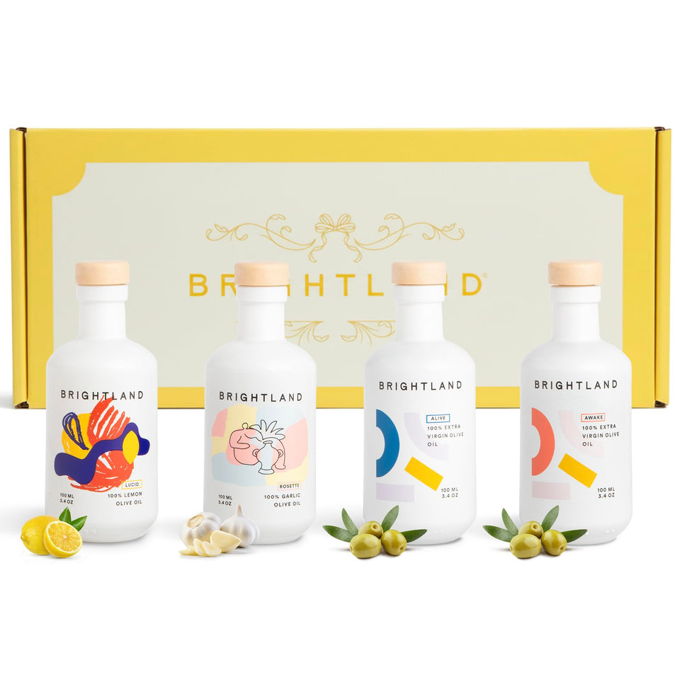 Brightland Mini Olive Oil Set box on counter, ideal gift option.