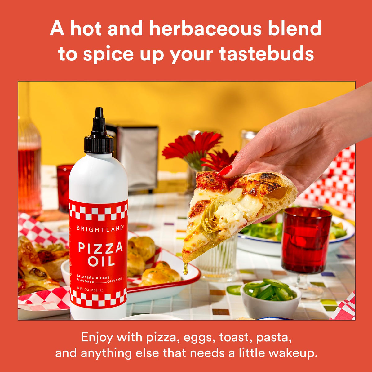 Close-up of jalapeño and herbs in Brightland Pizza Oil for vibrant flavor.