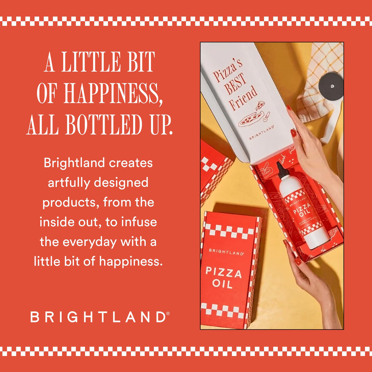 Recyclable BPA-free packaging of Brightland Pizza Oil supports sustainable choices.
