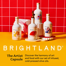 Brightland Rosette Garlic Olive Oil bottle adds savory depth to pasta and vegetables.