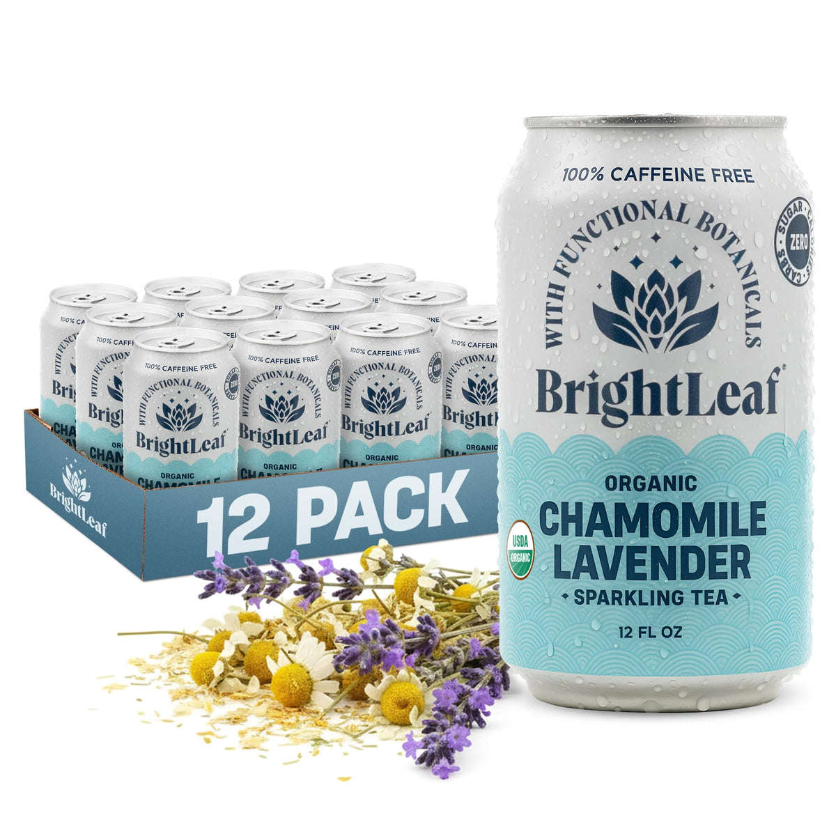 BrightLeaf Chamomile Lavender Sparkling Tea can with calming, caffeine-free flavor