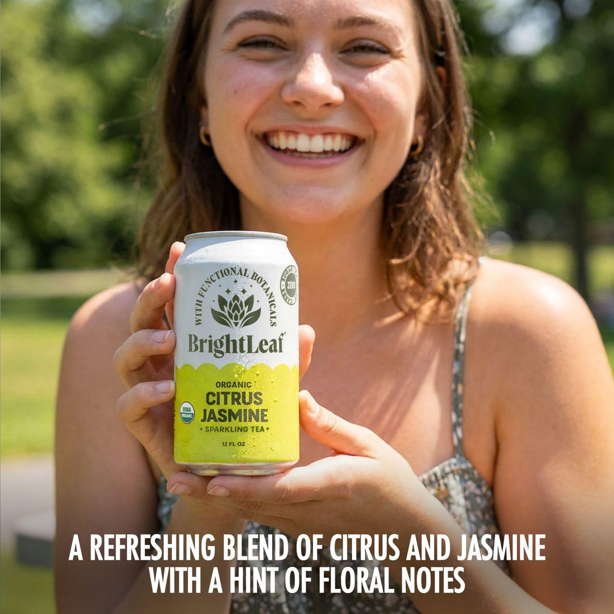 BrightLeaf Citrus Jasmine Sparkling Tea bubbles closeup highlights effervescence.