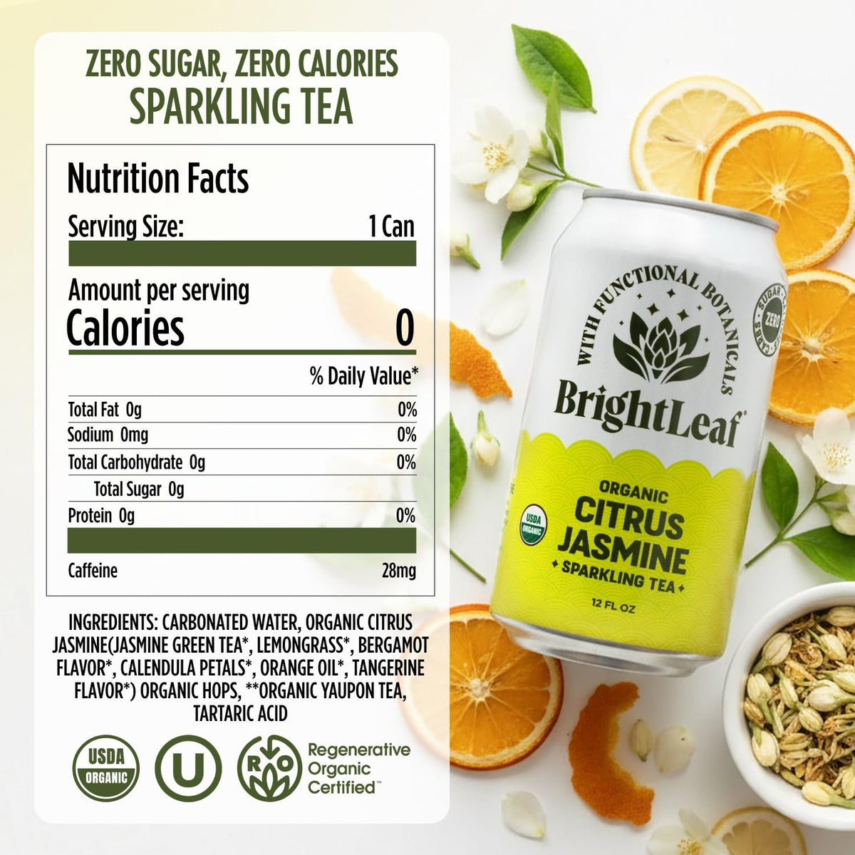 BrightLeaf Citrus Jasmine Sparkling Tea glass pour highlighting sparkling clarity and aroma.
