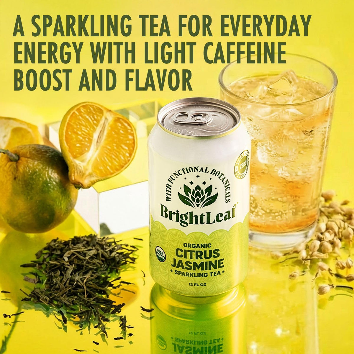 BrightLeaf Citrus Jasmine Sparkling Tea label closeup shows organic quality and ingredients.