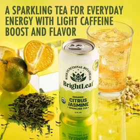 BrightLeaf Citrus Jasmine Sparkling Tea label closeup shows organic quality and ingredients.