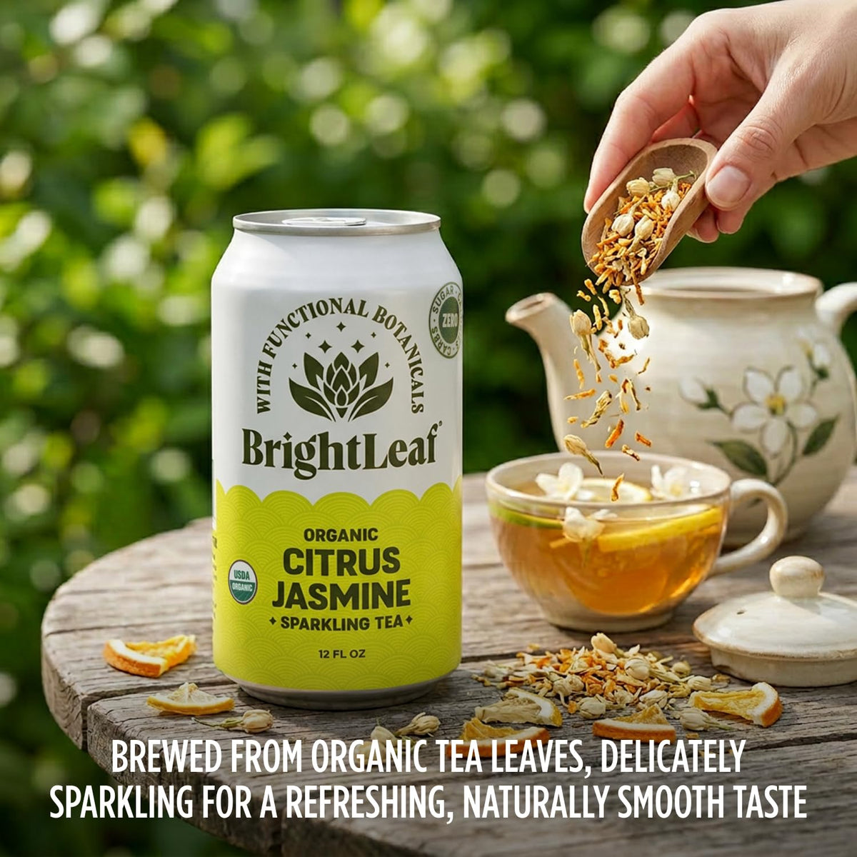 BrightLeaf Citrus Jasmine Sparkling Tea packaging display emphasizes brand and sustainability.