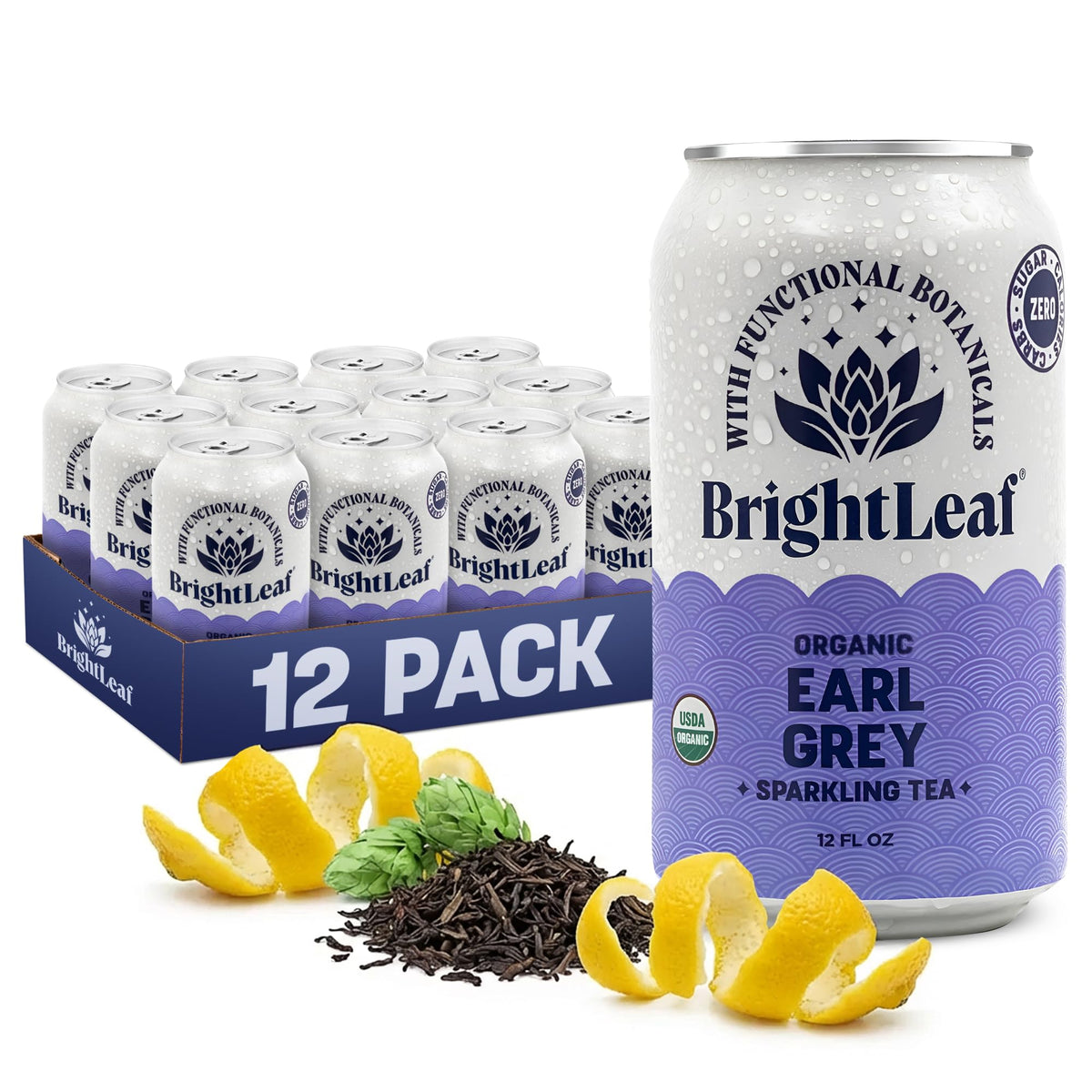 BrightLeaf Earl Grey sparkling tea bottle highlights crisp bergamot aroma for focus.