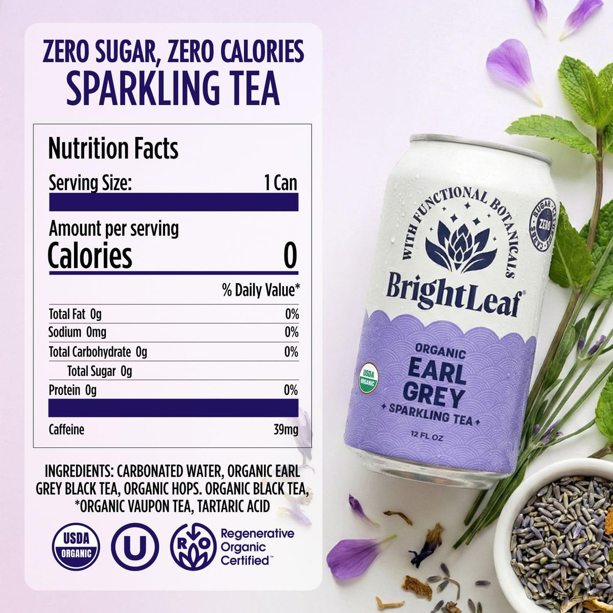 BrightLeaf Earl Grey sparkling tea can showcases refreshing zero sugar sip.