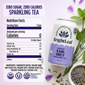 BrightLeaf Earl Grey sparkling tea can showcases refreshing zero sugar sip.