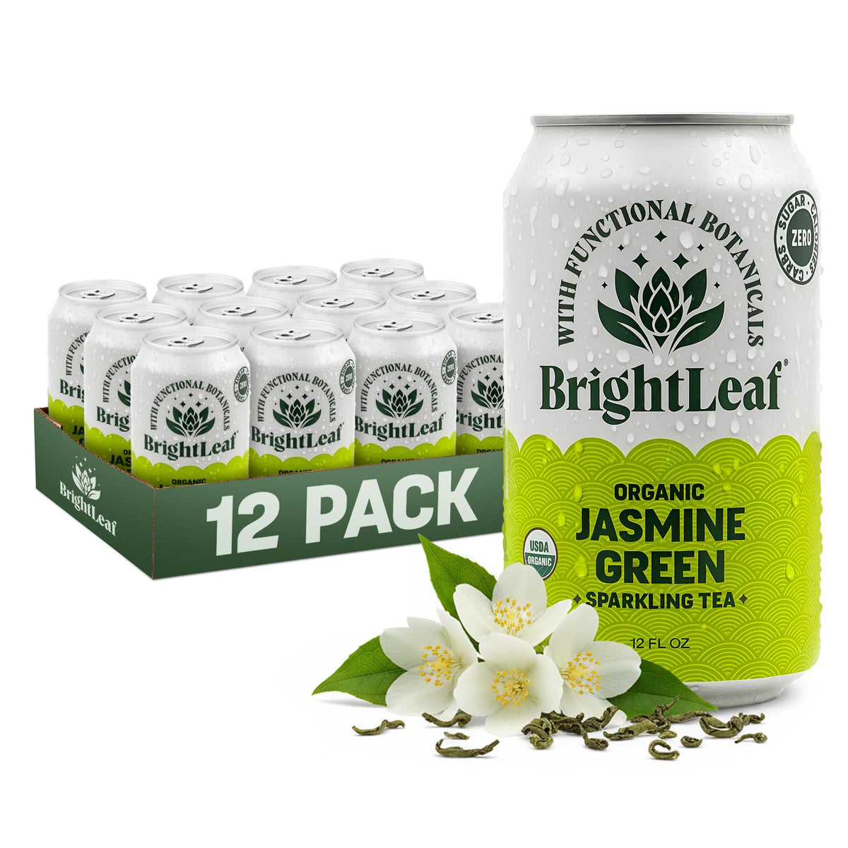 BrightLeaf Jasmine Green Sparkling Tea can with bubbles for a light energy lift
