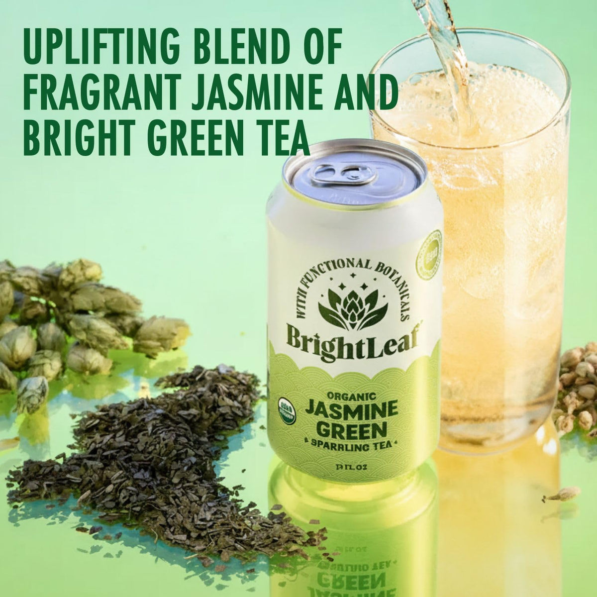 BrightLeaf Jasmine Green Sparkling Tea in a glass with jasmine aroma for mood lift