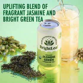 BrightLeaf Jasmine Green Sparkling Tea in a glass with jasmine aroma for mood lift
