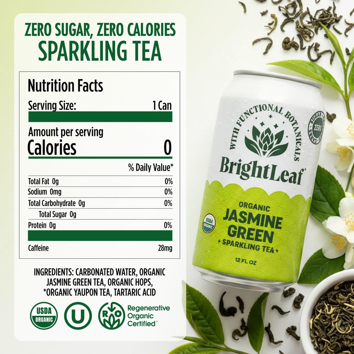 BrightLeaf Jasmine Green Sparkling Tea being poured for a refreshing focus moment