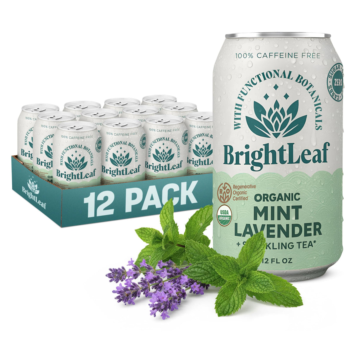 BrightLeaf Mint Lavender Sparkling Tea can front view highlights a crisp, refreshing experience.
