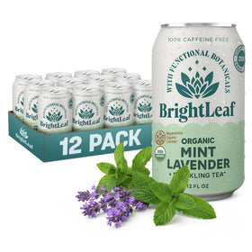 BrightLeaf Mint Lavender Sparkling Tea can front view highlights a crisp, refreshing experience.