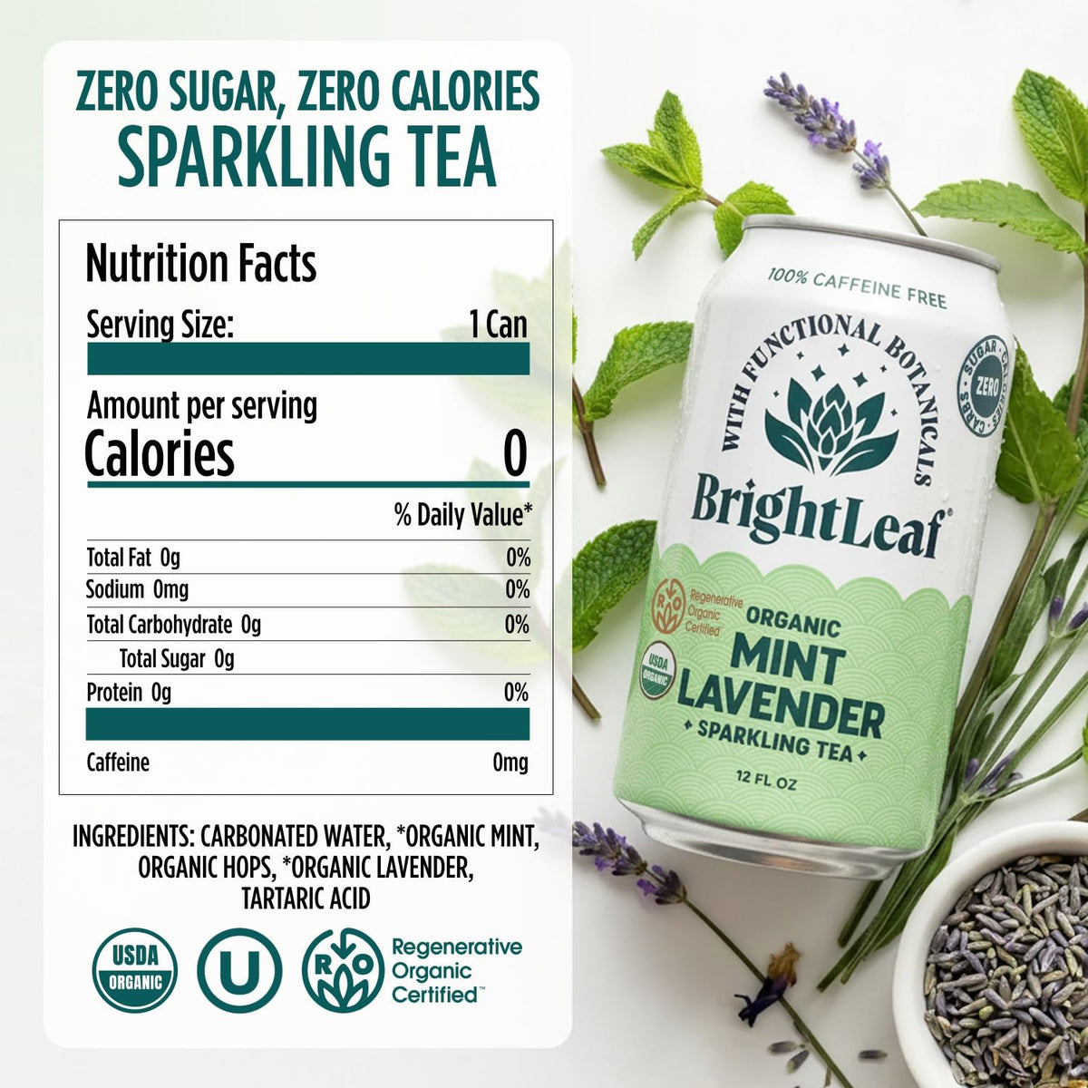 BrightLeaf Mint Lavender Sparkling Tea can side shows clean ingredients and zero sugar.