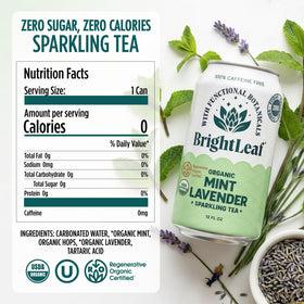 BrightLeaf Mint Lavender Sparkling Tea can side shows clean ingredients and zero sugar.