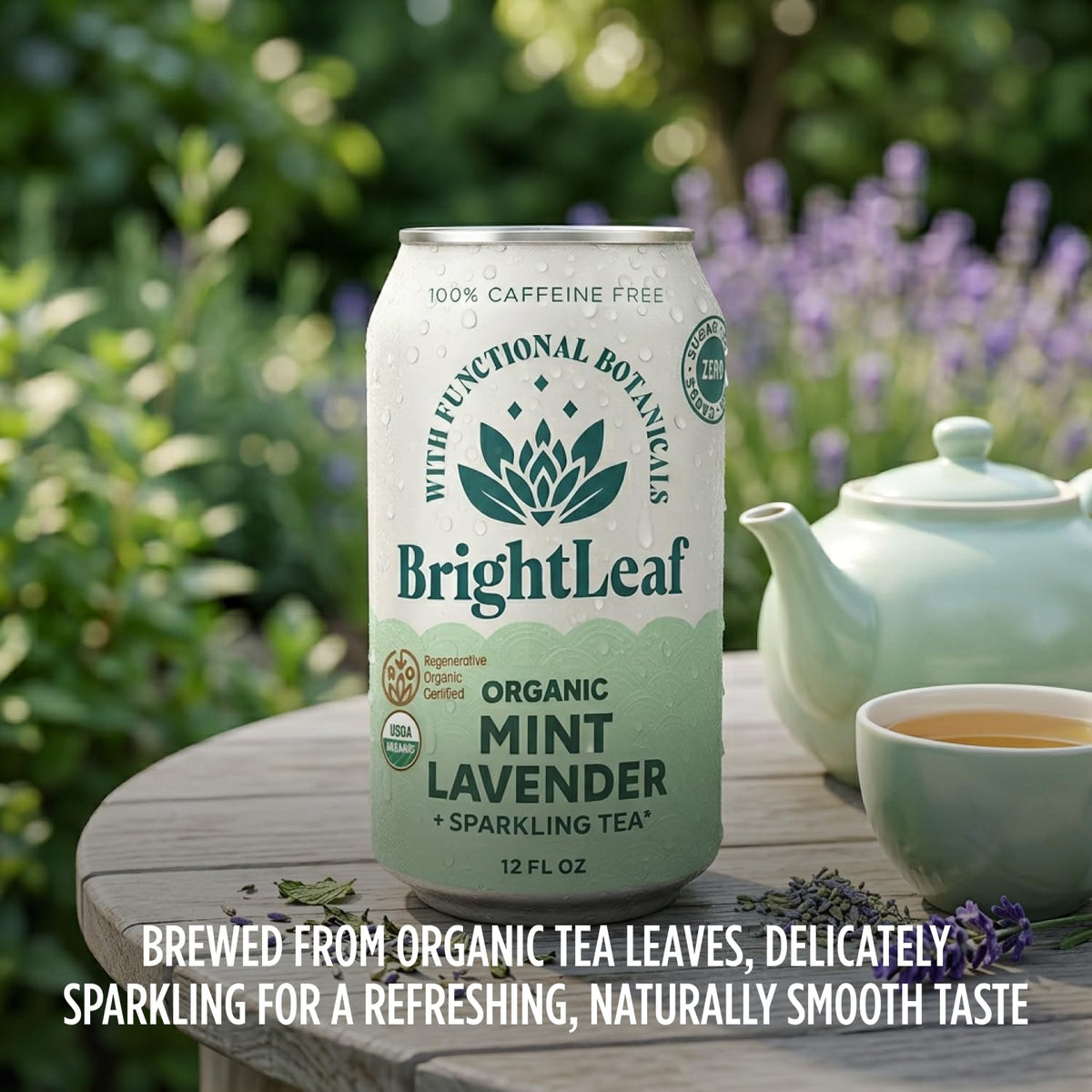 BrightLeaf Mint Lavender Sparkling Tea dining-table setup invites mindful sipping rituals.