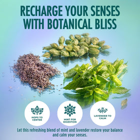BrightLeaf Mint Lavender Sparkling Tea leaf-batch close-up emphasizes organic, regenerative ingredients.