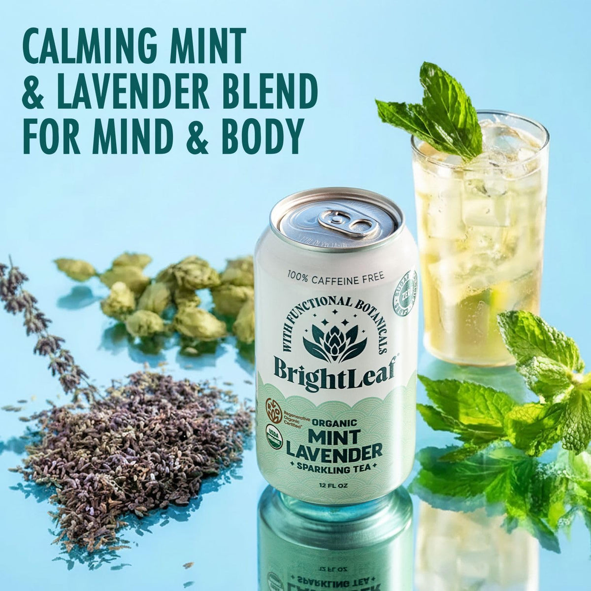 BrightLeaf Mint Lavender Sparkling Tea pour-glass captures fizz and calming aroma.