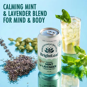 BrightLeaf Mint Lavender Sparkling Tea pour-glass captures fizz and calming aroma.
